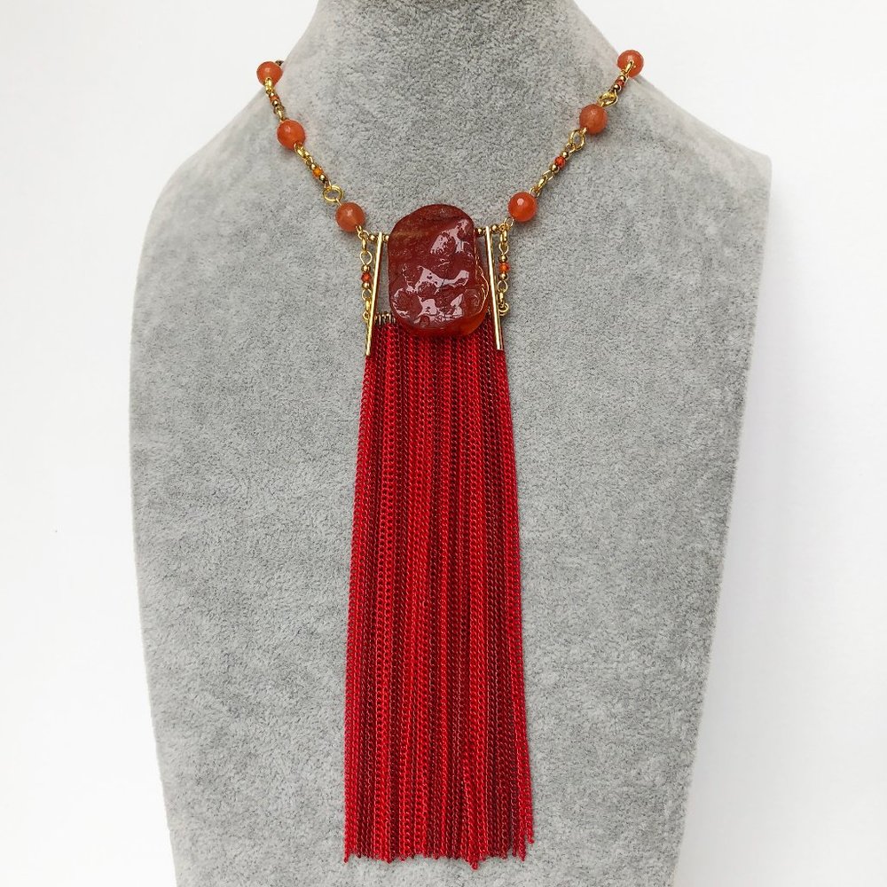 Red statement necklace long, accent colorful carnelian necklace